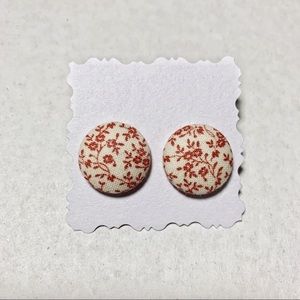 Earrings Orange Vintage Floral Fabric Covered Button